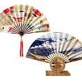 Traditional Fan Decorative Ornament Set with Two Various Patterned Fans and Wooden Stand