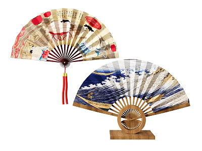Traditional Fan Decorative Ornament Set with Two Various Patterned Fans and Wooden Stand 3d model