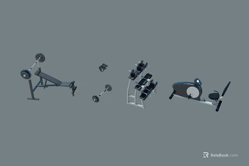 Fitness Equipment Collection Featuring Bench Press Dumbbells Rack And Rowing Machine 3d model 