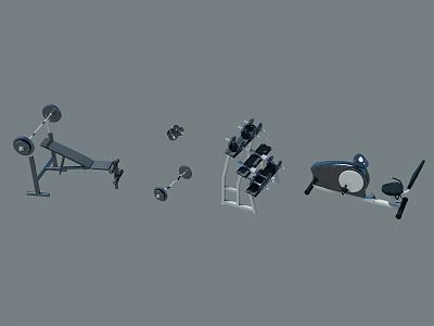 Fitness Equipment Collection Featuring Bench Press Dumbbells Rack And Rowing Machine 3d model