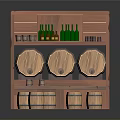 Wooden Wine Rack Furniture With Barrels Shelves And Bottles