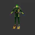 Scuba Diver Wearing Black Yellow Wetsuit With Diving Equipment And Fins