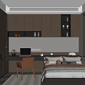 Modern Tatami Bedroom Interior with Built-in Bookshelves Desk Chair Bed Window Blinds and Soft Lighting