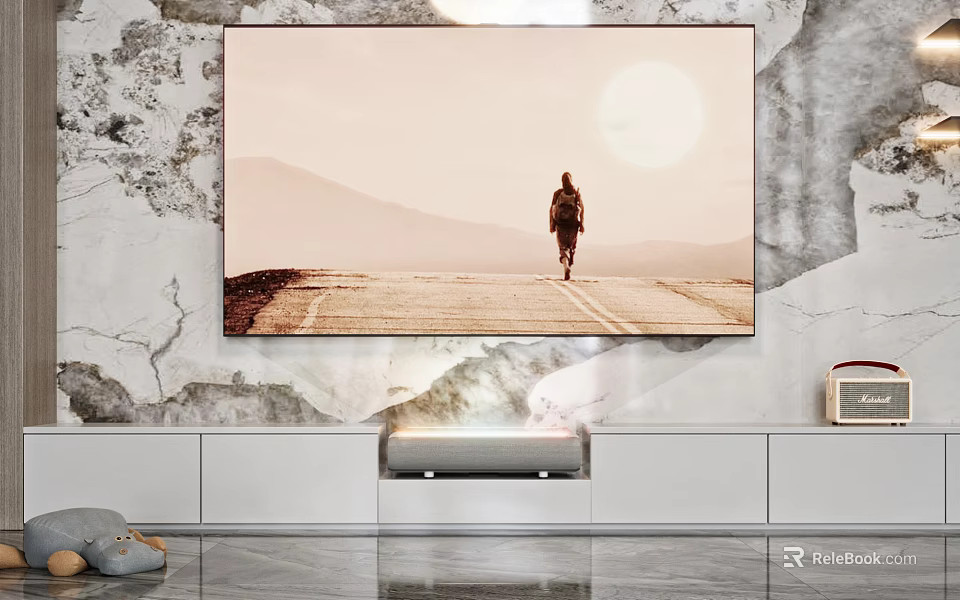Modern Living Room Wall Mounted TV Showing Person Walking On Road With Mountain Sunset View 3d model 