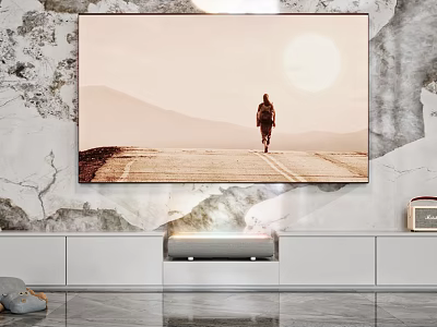 Modern Living Room Wall Mounted TV Showing Person Walking On Road With Mountain Sunset View 3d model