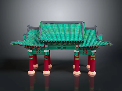 Traditional Chinese Architectural Gateway With Green Tiled Roof Red Pillars And Ornate Carvings 3d model