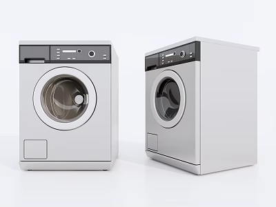 Two Modern Front Load Washing Machines With Silver Exterior And Digital Control Panels 3d model