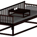 Modern Chinese Daybed With Black Wooden Frame Gray Cushion Slatted Armrest And Small Coffee Table
