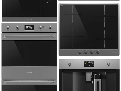 Modern Black Stainless Steel Kitchen Appliances Including Oven Induction Cooktop And Coffee Machine 3d model