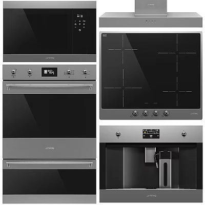 Modern Black Stainless Steel Kitchen Appliances Including Oven Induction Cooktop And Coffee Machine 3d model