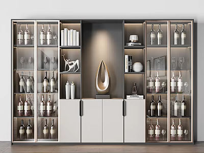 Modern Wine Cabinet With Glass Doors Wine Bottles Glasses And Decorative Items 3d model