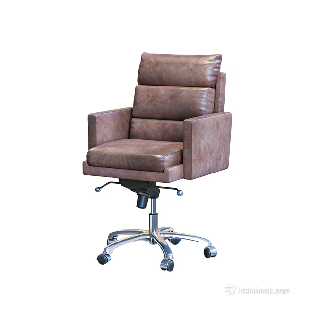 Brown Leather Office Chair With High Backrest Armrests And Swivel Wheels Base 3d model 
