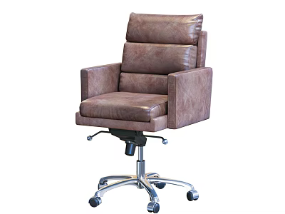 Brown Leather Office Chair With High Backrest Armrests And Swivel Wheels Base 3d model