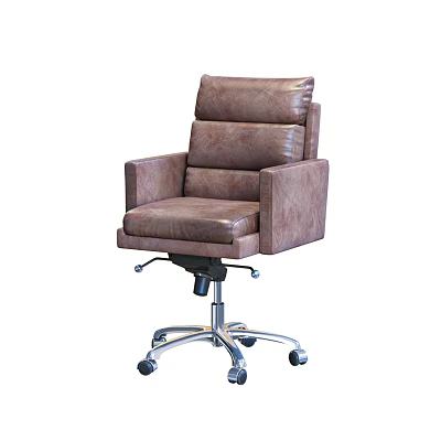 Brown Leather Office Chair With High Backrest Armrests And Swivel Wheels Base 3d model