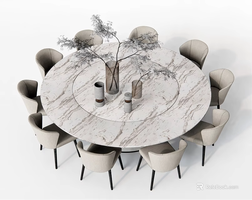 Round Marble Dining Table Set With Eight Upholstered Chairs Decorative Vases And Branches 3d model