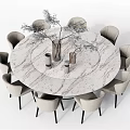 Round Marble Dining Table Set With Eight Upholstered Chairs Decorative Vases And Branches 3d model