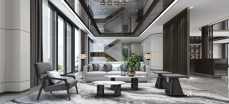 Modern Luxury Sales Office Reception Lounge With Elegant Sofa And Marble Coffee Tables And Large Windows 3d model 