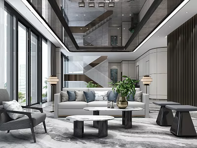 Modern Luxury Sales Office Reception Lounge With Elegant Sofa And Marble Coffee Tables And Large Windows 3d model
