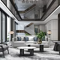 Modern Luxury Sales Office Reception Lounge With Elegant Sofa And Marble Coffee Tables And Large Windows