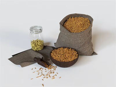 Organic Rice Grains in Burlap Sack Wooden Bowl and Glass Jar with Scattered Grains 3d model