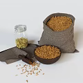 Organic Rice Grains in Burlap Sack Wooden Bowl and Glass Jar with Scattered Grains