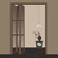 Wooden Louvered Folding Door in Modern Interior with Light Wall and Decorative Vase