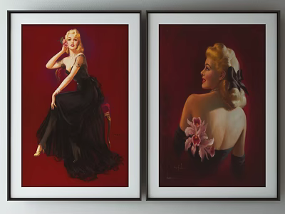 Vintage Framed Artworks Featuring Women in Black Dresses and Red Backgrounds 3d model