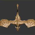 Golden Dragon Sculpture with Metallic Finish and Extended Wings Long Tail on Dark Reflective Background