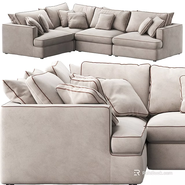 Modern Light Gray Fabric Sectional Sofa With Plush Pillows And Contrast Stitching 3d model
