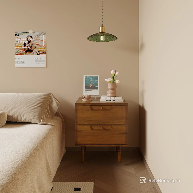 Wooden Nightstand With Green Lampshade Vase And Books In Beige Bedroom 3d model 