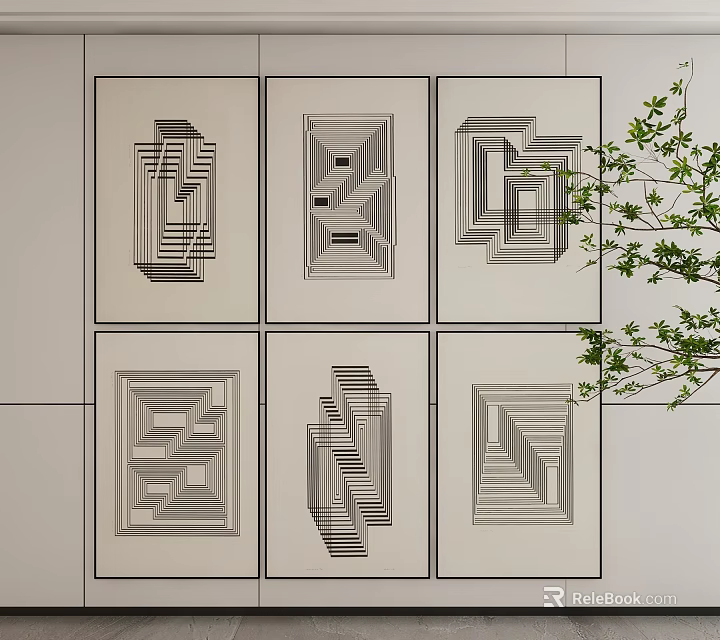 Six Framed Abstract Art Pieces With Geometric Linear Patterns On Wall 3d model 