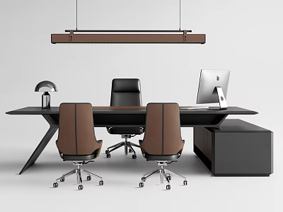 Modern Black Office Desk With Brown Chairs iMac Monitor Desk Lamp Hanging Light And Side Cabinet 3d model