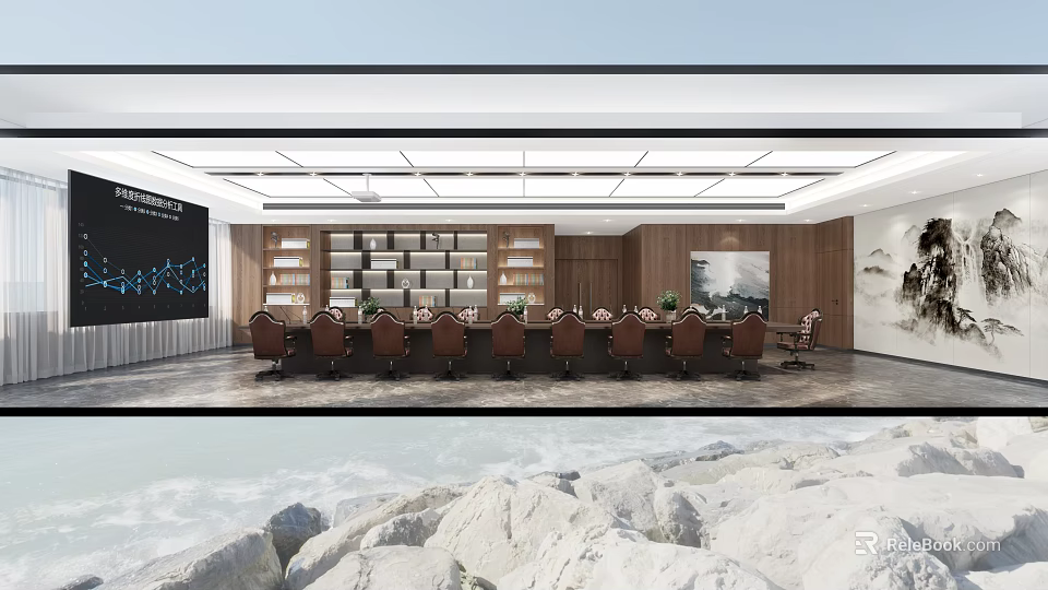 Modern Conference Room Interior With Long Table Chairs Bookshelves Wooden Walls And Recessed Lighting 3d model 