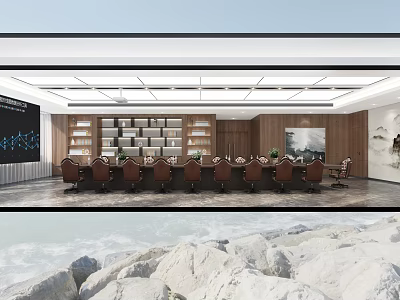 Modern Conference Room Interior With Long Table Chairs Bookshelves Wooden Walls And Recessed Lighting 3d model