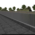 White Railing Along Paved Walkway By Water Area With Green Trees And Hills