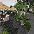 Tropical Garden Landscape With Thatched Roof Umbrella Outdoor Tables Chairs And Lush Greenery