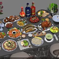 Delicious Food Spread With Roast Chicken Fish Shrimp Fruits Vegetables Wine And Flowers On Table