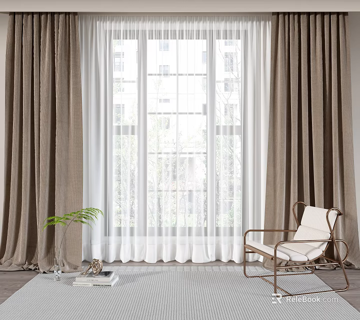 Thick Brown Curtains And White Sheer Panels By Large Window With Cozy Chair 3d model 