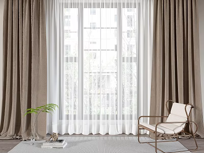 Thick Brown Curtains And White Sheer Panels By Large Window With Cozy Chair 3d model
