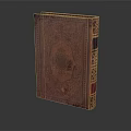 Antique Book with Intricate Carved Patterns on Brown Cover and Decorative Spine