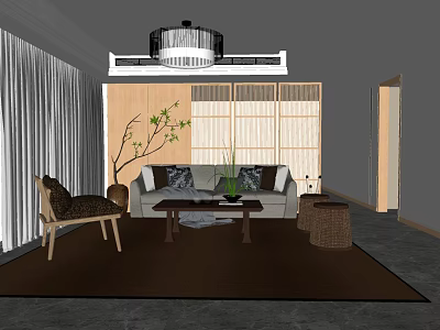 Modern Sofa and Coffee Table Set with Accent Chair Plant Wooden Partition and Area Rug 3d model