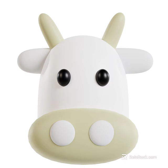 Cartoon Cow Head Decorative Toy With White Beige Design And Black Eyes 3d model 