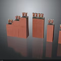Red Castle Tower Structures With Various Heights And Reflective Decorative Surfaces