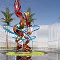 Outdoor Abstract Sculpture With Red Blue Golden Twisted Spiral Palm Trees Water Reflection Green Grass
