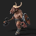 Fantasy Bull Warrior Character With Horns Armor Axe Shield And Muscular Build