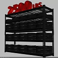 Black Metal Shelf Displaying Stacked Tires With Red 25 Percent Off Sign