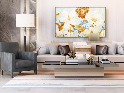 Contemporary Sofa Coffee Table Set with Cushions Gray Accent Chair Floral Wall Art Decor 3d model