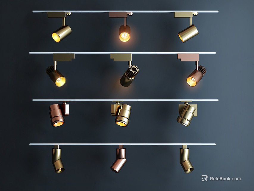 Track Mounted Downlights and Spotlights with Metallic Finish Illuminated on Dark Wall Background 3d model 