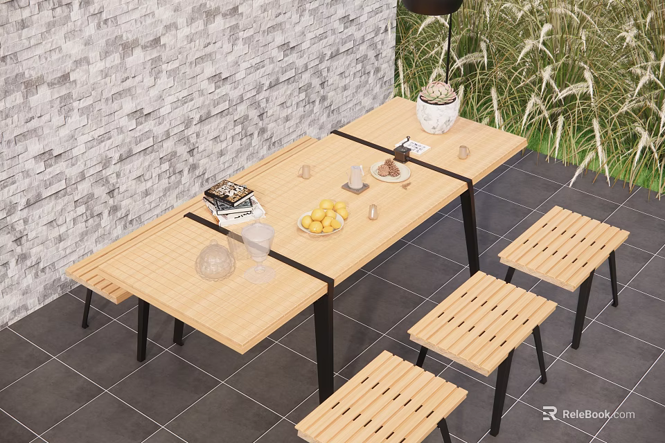 Wooden Outdoor Chairs With Table Set For Relaxing Garden Dining Space 3d model 