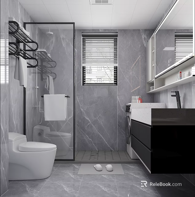 Modern Grey Marble Bathroom With Glass Shower Partition And Full Set Of Bath Fixtures 3d model 
